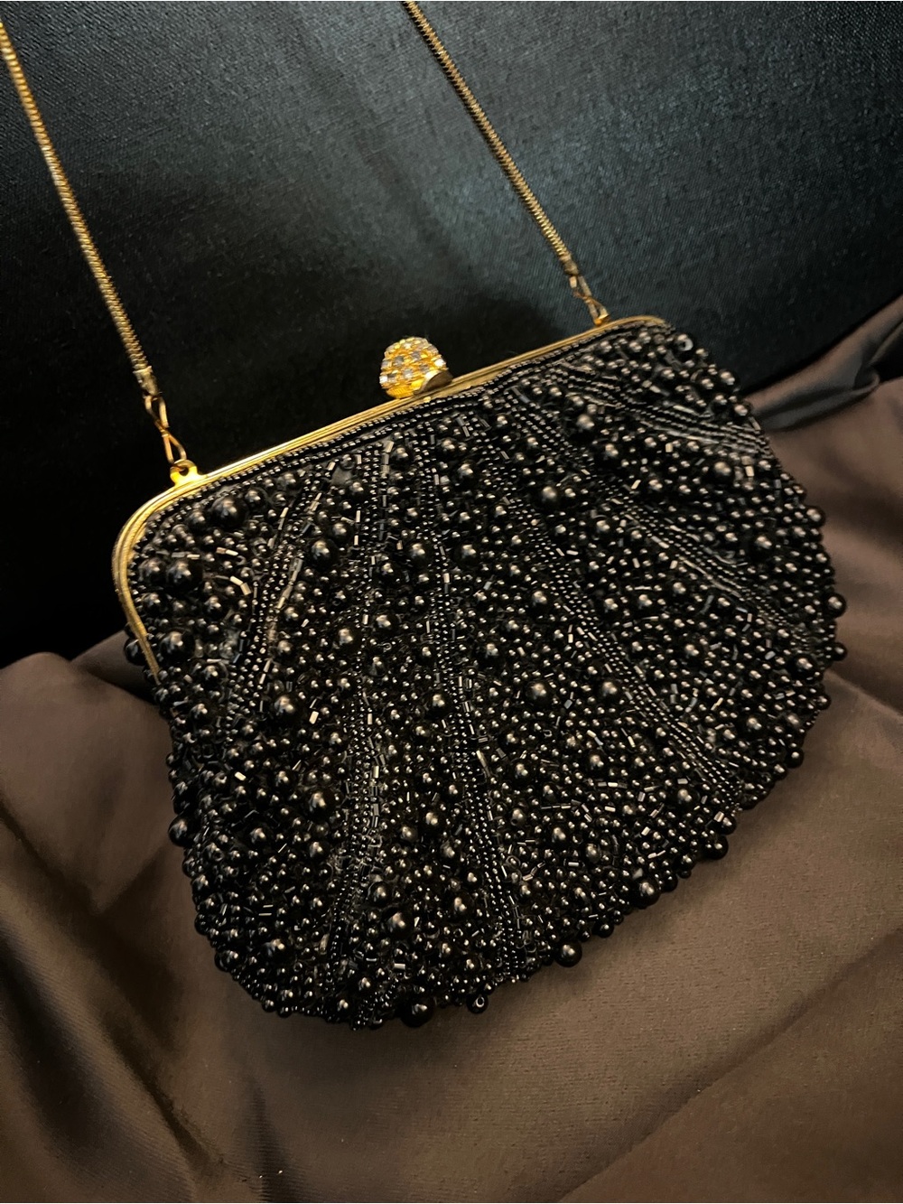 Vintage Elegant Black Beaded Evening Clutch with Gold Frame